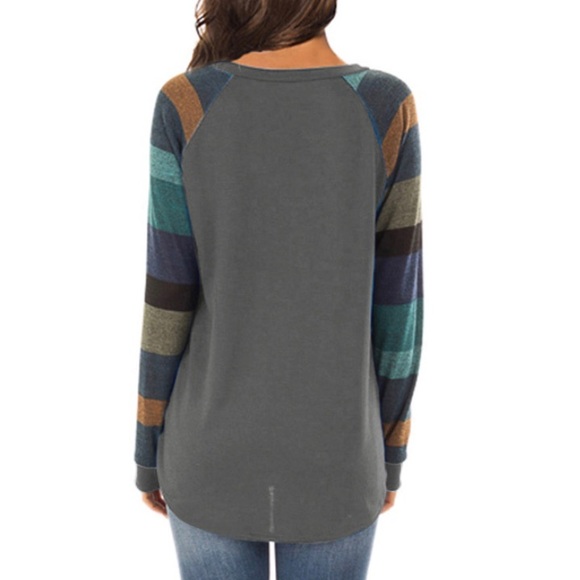 Gray Stripped Sleeve Top - Picture 2 of 4